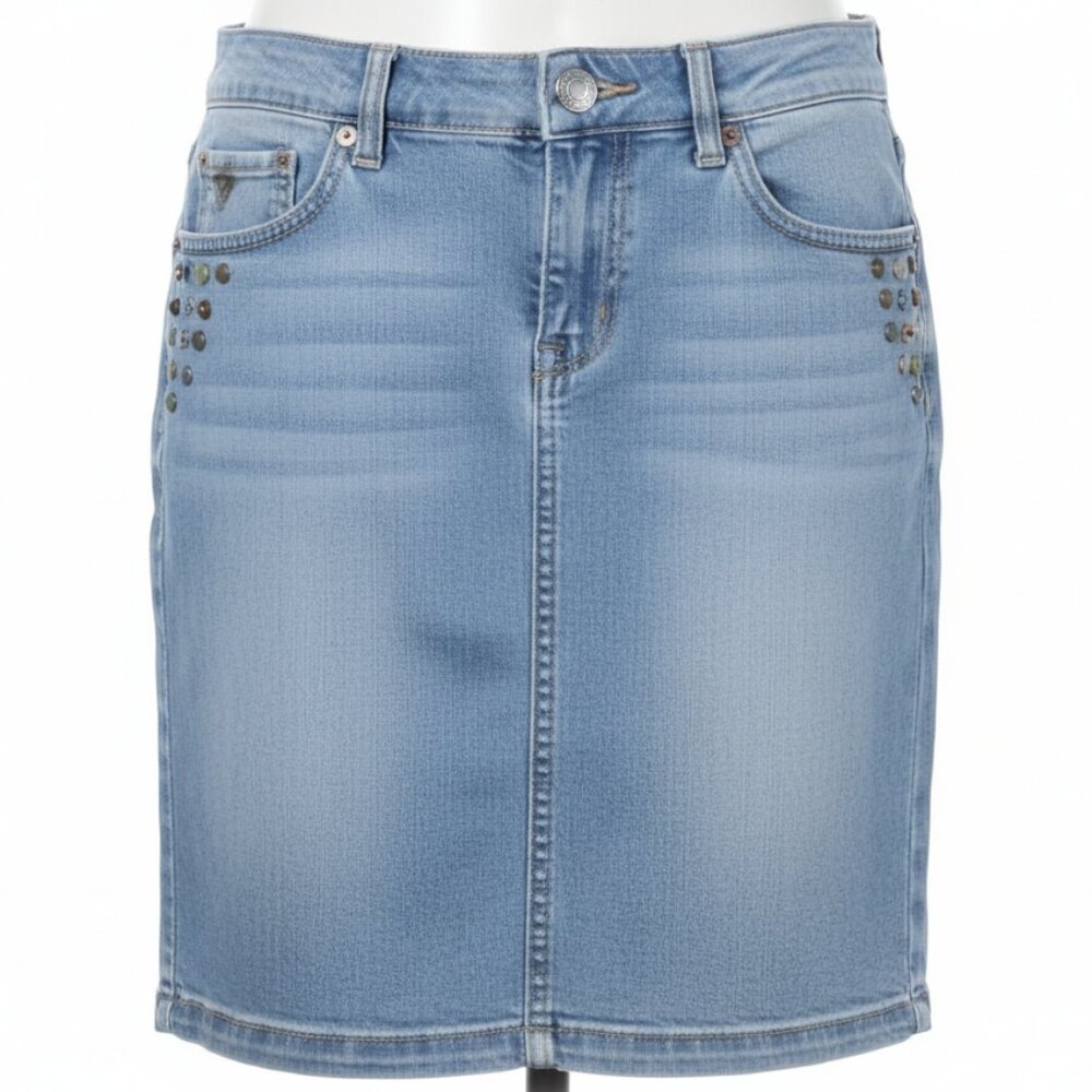 Jou Jou Skirt Women 30W (9/10) Stud Button Embellished Midi Denim Jean Whisker